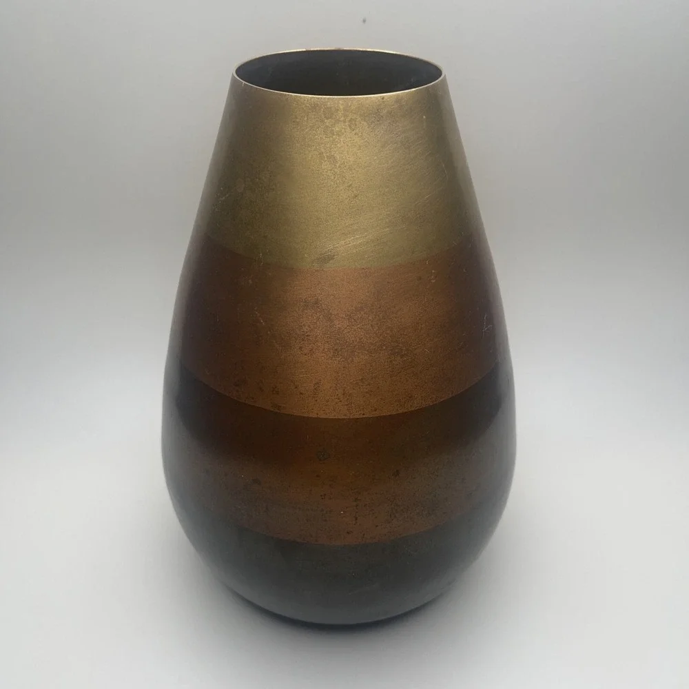 Crate & Barrel Copper Vase Mixed Metal Tone Modernist‎ Horizontal Stripes IS AS
